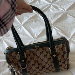 Auth Gucci Mini BostonBag Handbag GG Canvas Leather Beige green